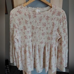 Adiva Ivory Brown Floral Boho Whimsical Top W/Bell Sleeves